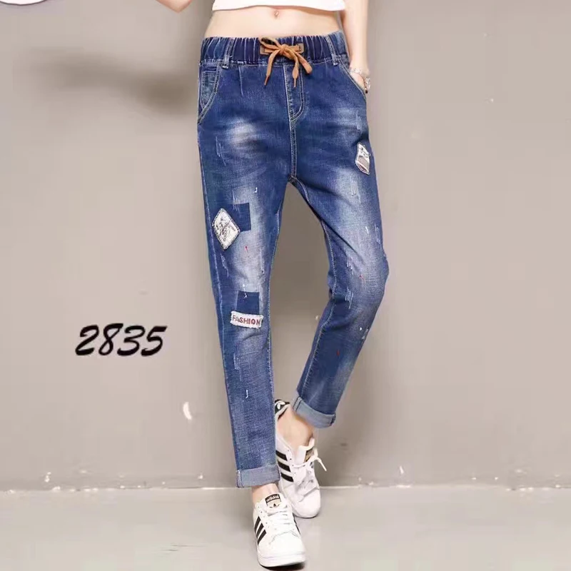

Jeans Woman Boyfriend Jeans Elastic Waist Drawstring Spliced Patched Slim Fit American Apparel Denim Jeans Womens Girls Pants
