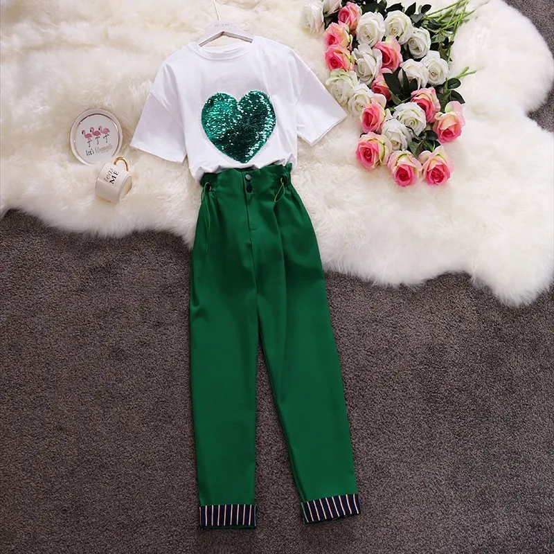 

Sequined Hearts Fashion O-Neck Short Sleeve Cotton T-shirts Jumper Tees+Drawstring High Waist Patchwork Striped Pants Women Sets