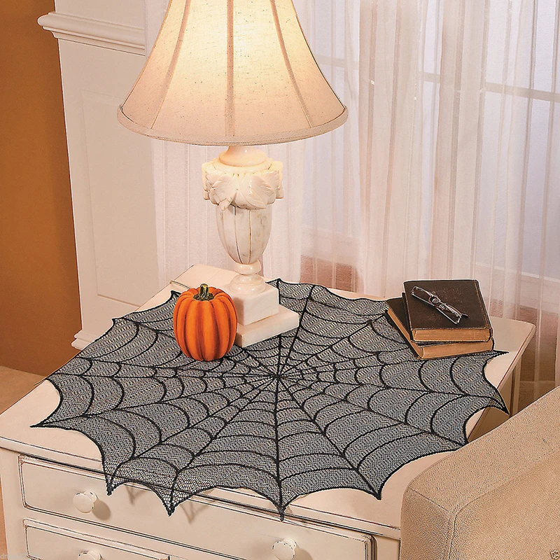 

Round Polyester Lace Table Mat Halloween Decoration Lace Spider Web Table Cloth Black Table Runners Event Party Supplies