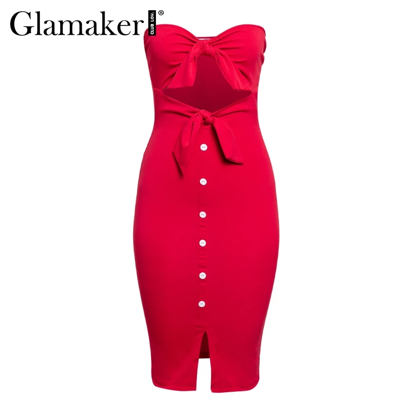 Glamaker, открытое, с бантом, с разрезом, летнее, сексуальное, женское платье, бодикон, с открытой спиной, миди, платье для вечеринок, элегантное, черное, для клуба, для девушек, длинное, красное - Цвет: Bright red