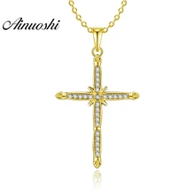 AINUOSHI 14K твердая Подвеска из желтого золота Христианский крест кулон SONA, Имитация Алмазный женский мужской золотой ювелирный отдельный кулон