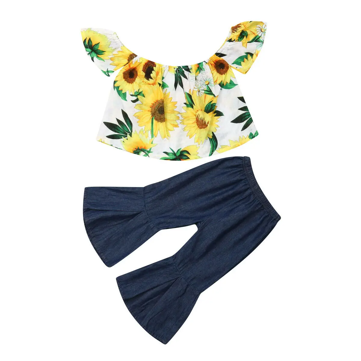 1-6T Toddler Baby Girl Clothes Sunflower Off Shoulder Tube Top Shirt Bell Bottom Jeans Flare Pants Summer Outfits Set
