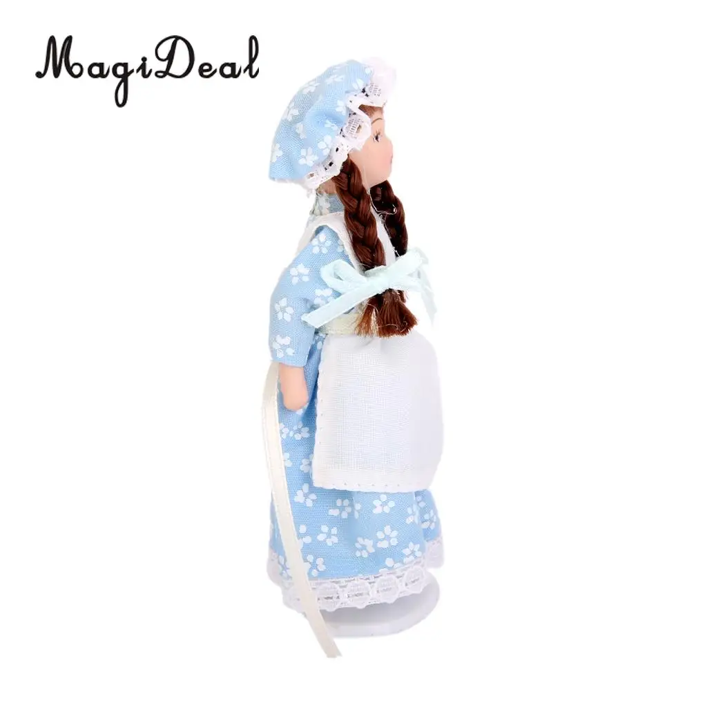 MagiDeal 1Pc 1/12 Dollhouse Miniature Porcelain Dolls Braided Hair Little Servent Girl w Stand for Bedroom Decor Kids Toy 2Kinds