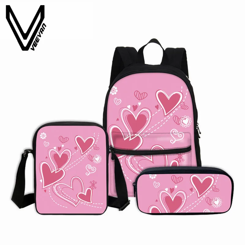 

VEEVANV Combination Packages School Bags 3 Pcs/set Love Heart 3D Printing Backpack Cute Girls Mochila Chirldren Backpacks Canvas