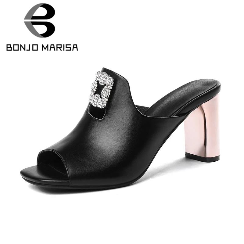 

BONJOMARISA New Big Size 33-40 Ladies High Heels women's Genuine Leather Crystal Shoes Woman Casual Party Ol Summer Mules