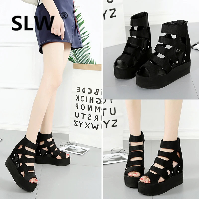 

summer shoes woman Increased Internal Zipper wedge sandals heels zomer schoenen Flock Super High soulier femme platform toe