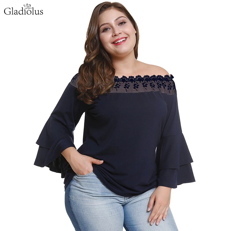

Gladiolus Lace Patchwork 2019 Women T-Shirt Sexy Off Shoulder Long Butterfly Sleeve Fashion T Shirt Women Tops Plus Size 3XL 4XL