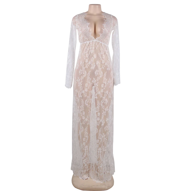 Comeondear ночнушки для женщин принцесса Ночная рубашка Черный Белый с длинным рукавом Кружева пижамы Nuisette Longue пижамы платье RK80497