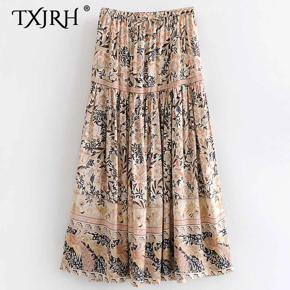 TXJRH винтажная богемная плиссированная юбка с цветочным принтом павлина стильные женские трапециевидные юбки с высокой эластичной талией для отдыха