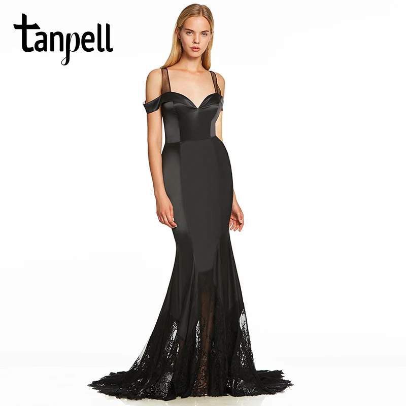 Tanpell straps evening dress black off the shoulder floor length sweep train gown cheap women formal long lace evening dresses