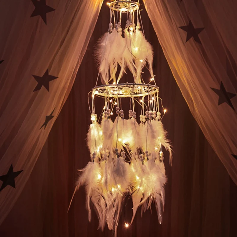 

Wall Hanging Dreamcatcher Craft Home Kids Room Decoration Wind Chimes Handmade Indian Dream Catcher Net With Led Light Feathers