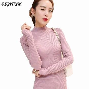 

2019 Women Fashion Autumn Winter Sweaters Women Elegant Knitted Pullover High Collar Elastic Slim Warm Tight Bottoming Sweater