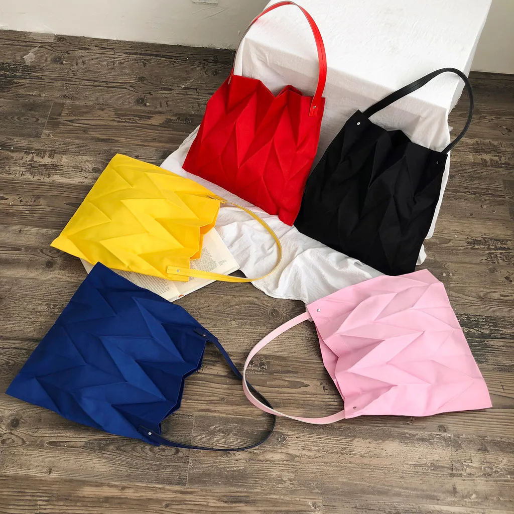 

Women Canvas Bag Candy Color Pleats Causal Tote Shopping Bag Large Capacity Shoulder Bags For School Student High Quality