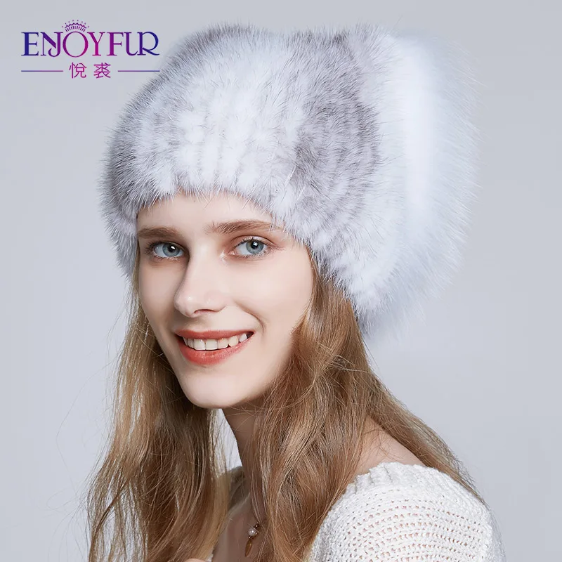 

ENJOYFUR Natural Mink Fur Hats For Women Cute Cat Ear Winter Hat Real Fox Fur And Rhinestone Decoration Solid Color Beanies