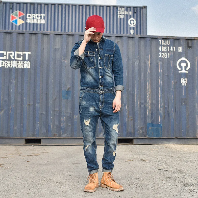 Mcikkny Fashion Men's Ripped Denim Bib Overalls Multi-pockets Blue Color Slim Fit Jeans Jumpsuits For Male Suspender Pants  (1)