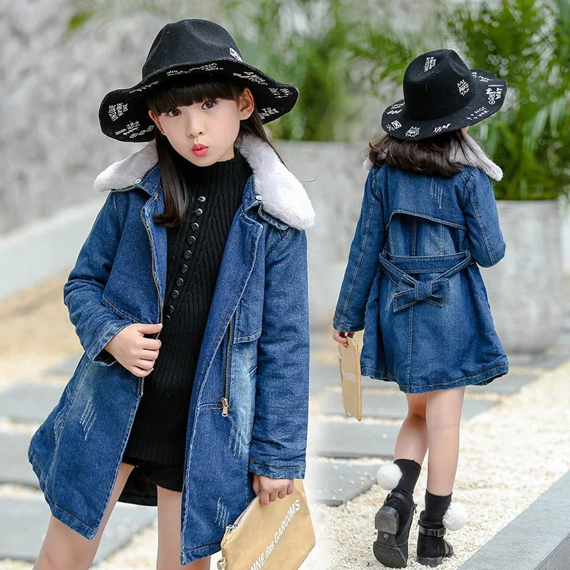 

2016 new winter Girls Kids Thick cowboy fur collar hooded long cotton coat  comfortable cute baby Clothes Children Clothing 15W