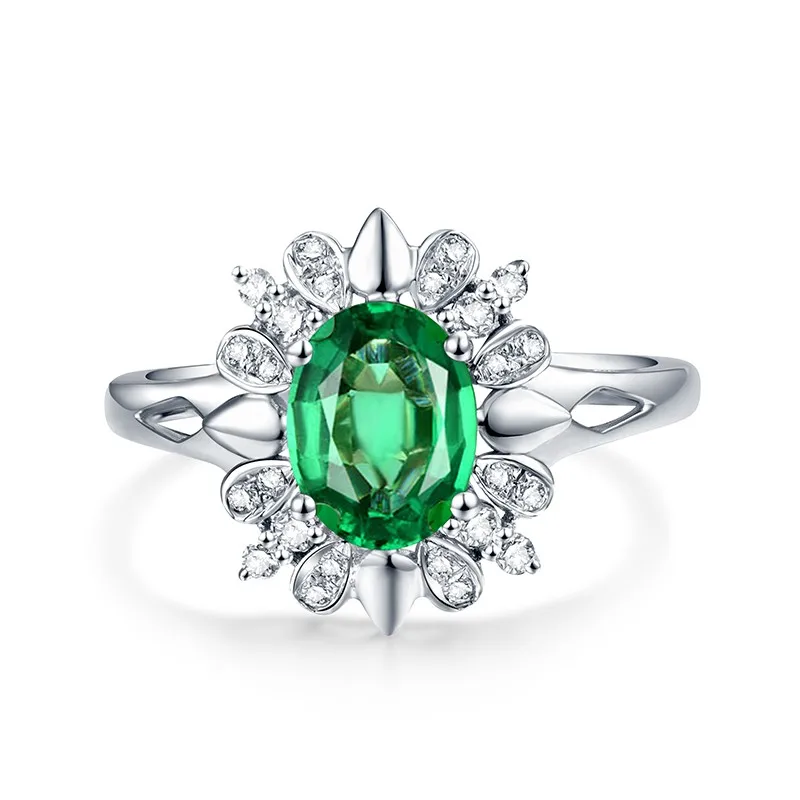 Flower Natural Emerald Engagement Ring Real Solid 14K White Gold Wholesale Jewelry for Wife Anniversary Best Gift