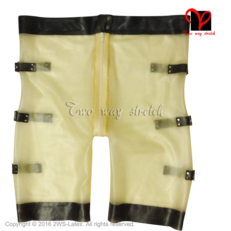 

Plain Sexy Latex long leg boxer shorts With Belts two sides Transparent Rubber Bermuda Bottoms KZ-114