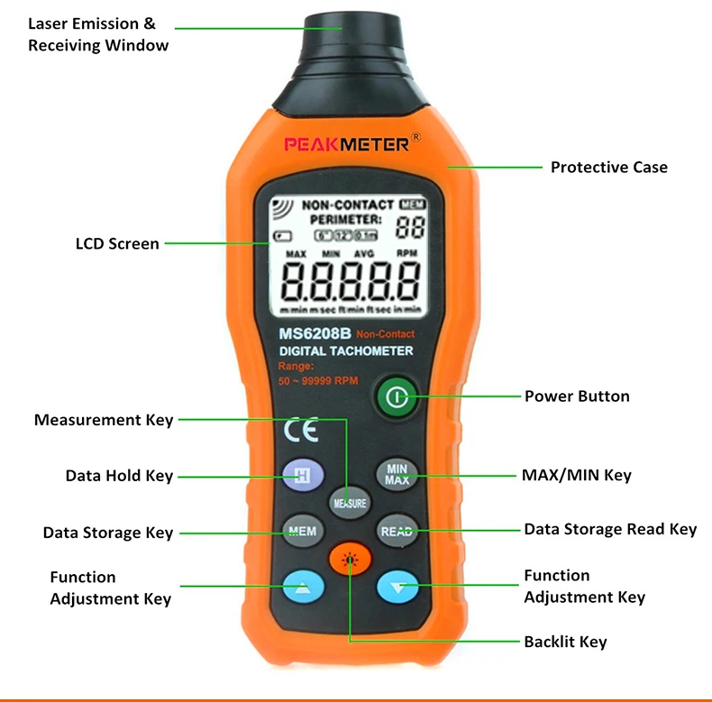 Официальный PEAKMETER PM6208B Бесконтактный цифровой тахометр 50~ 99999 об./мин Максимальная скорость метр вращения тестер