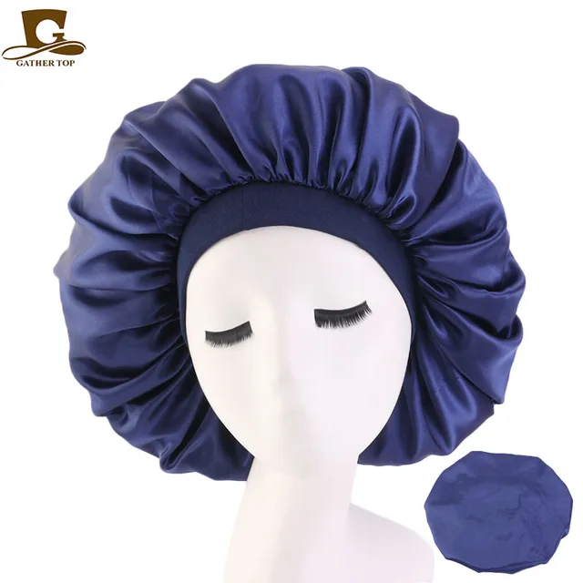 New Women Big Size Beauty print Satin Silky Bonnet Sleep Night Cap Head Cover Bonnet Hat for For Curly Springy Hair Black 405A navy