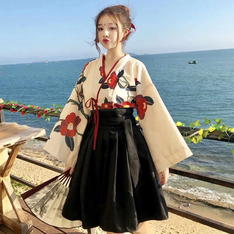 

Japanese Vintage Floral Kimono Women Lace Up Long Sleeve Shirts Korean Print Flower Boho Beach Blouses Girl's Hanfu Cardigan
