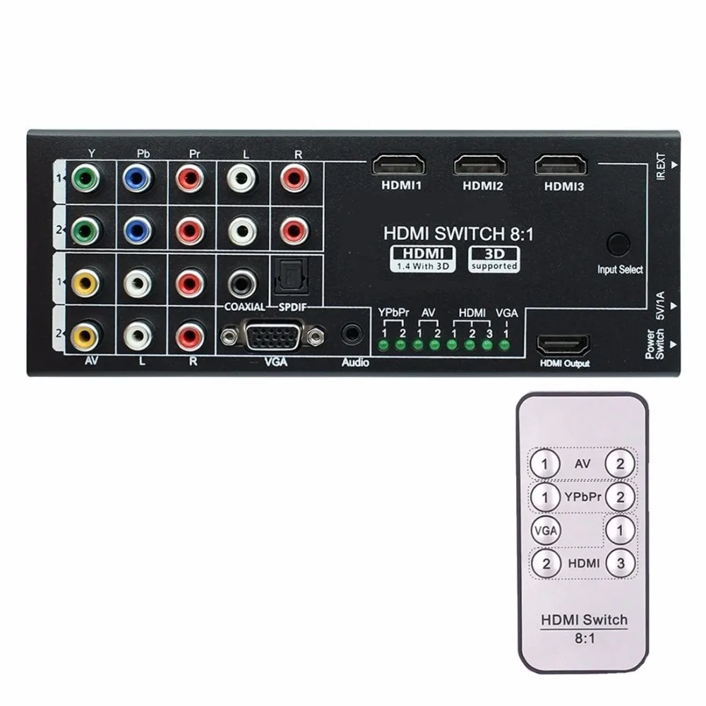 

8-inputs to 1-output Multi-function Video Audio Adapter Switch / Multi-Format Switcher with Remote Controller YPBPR AV VGA