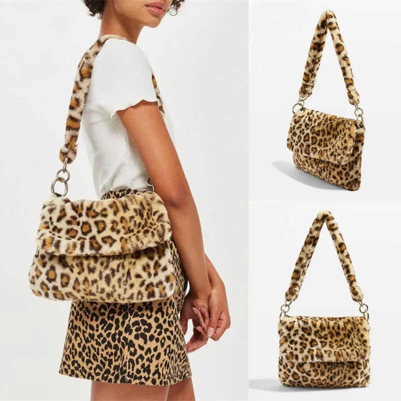 

Winter New Artificial Rabbit Furry Fur Printed Leopard Trend Simple Single Shoulder Messenger Bag Handbags for Women 2018