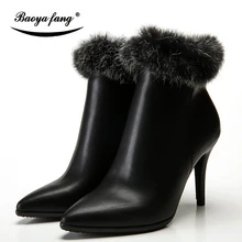 BaoYaFang Womens Winter Boots leather ankle boots for women 9cm thin heels pointed toe High quality Womens shoes Plush Boots