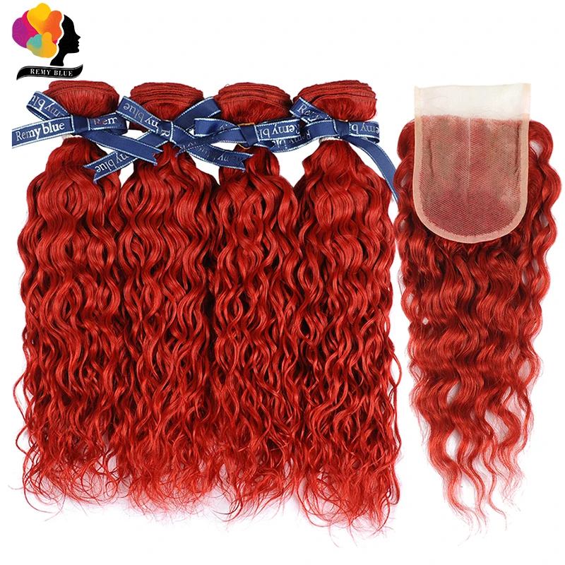Бургундия 99J красные перуанские пучки волос с закрытием 5 шт/лот волна воды пучки с закрытием шнурка Remyblue 100% Remy человеческие волосы