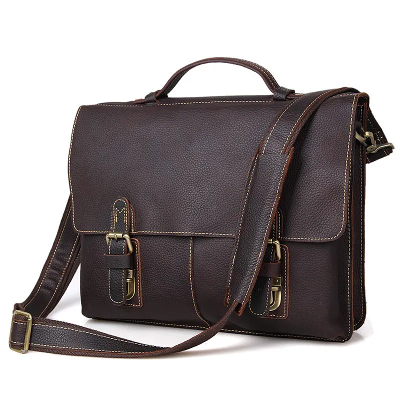 Nesitu Vintage Dark Brown Real Skin Genuine Leather 14 inch Laptop Men Briefcase Portfolio Messenger bags Shoulder bags #M7090