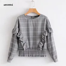 Весенняя футболка с оборками Женские топы с круглым вырезом Топ с длинным рукавом