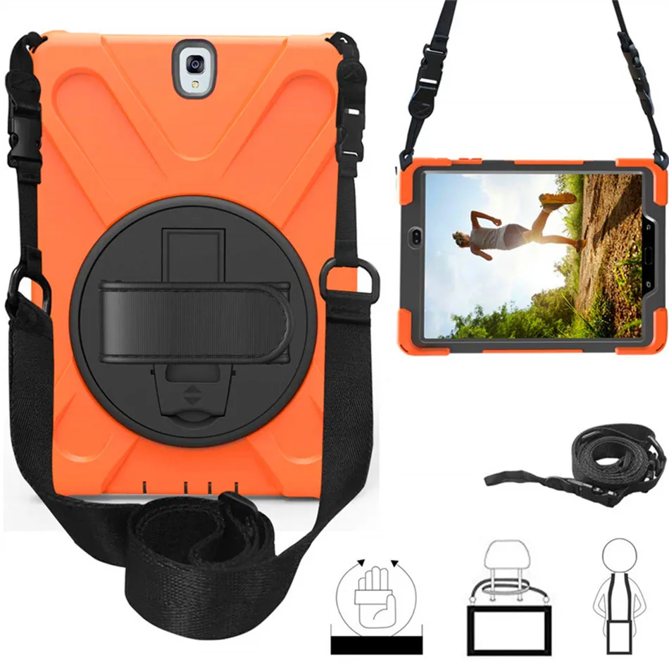 Для samsung Galaxy Tab S3 9,7 SM-T820 T820 T825 T829 PC+ силиконовый Жесткий чехол с поворотным держателем-подставкой 360, ремешком на руку и шейным ремешком - Цвет: Оранжевый