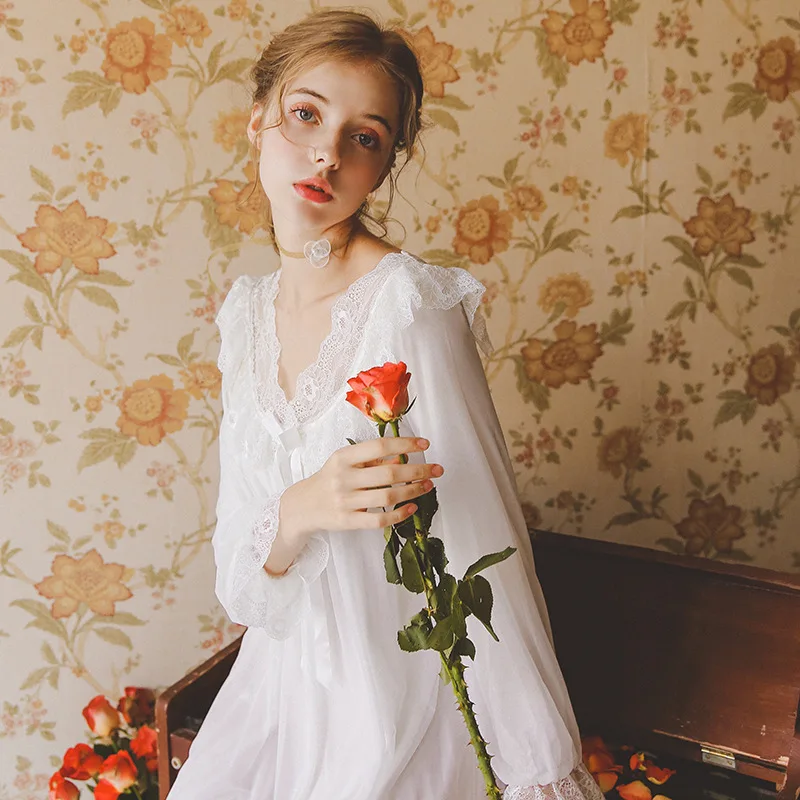 

2019 Autumn New Women Ladies Princess Style Long Sleeve Vintage White Solid Lace Nightgown Sexy V-neck Sleepwear Lingerie Dress