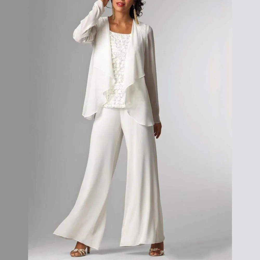 

2019 White Elegant Women Casual 3 Pieces Chiffon Mother Of The Bride Dress Suit Jacket Pants Set Plus Size Vestidos Madre Novia