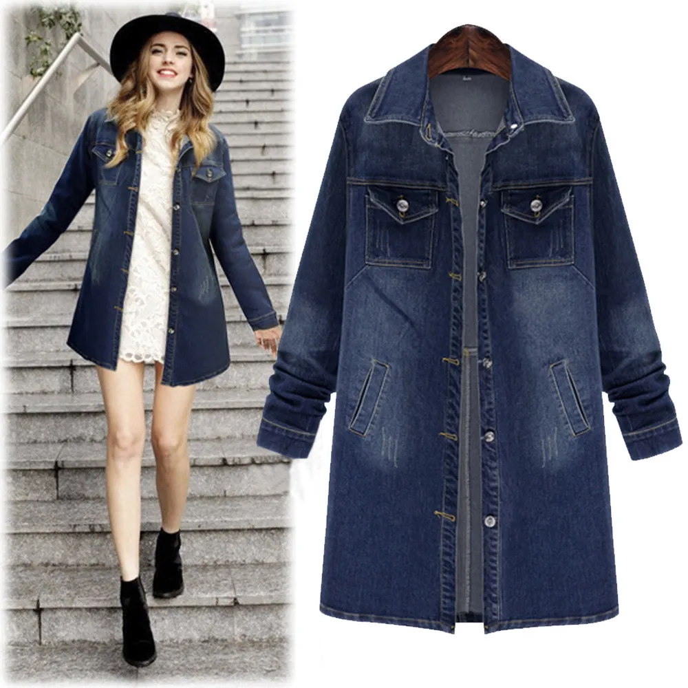 

Fashion coats and jackets women Plus Size Long Sleeve Tops Denim Outcoat Pockets Jean Outwear chaqueta mujer