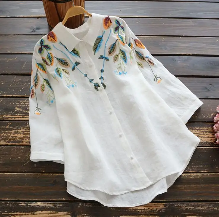 

Casual Mori Girl Shirts 2019 Summer Spring Women Embroidery Ramie Three Quarter Sleeve Cardigan Big Size White Tops YoYiKamomo
