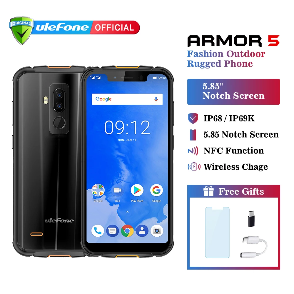 

Ulefone Armor 5 IP68 Waterproof Mobile Phone Android 8.1 5.85" HD+ Octa Core 4GB+64GB NFC Face ID Wireless Charge 4G Smartphone