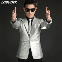 Мужской золотой кожаный пиджак серебристый пиджак блейзер в клетку на кнопке ночной клуб сценический для певца костюм Мода звезда бар DJ панк одежда для танцоров