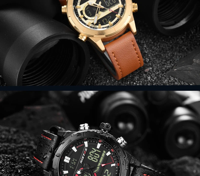 RISTOS кожаные часы Топ бренд Relojes Masculino Hombre многофункциональный хронограф мужские спортивные аналоговые цифровые модные часы 9342