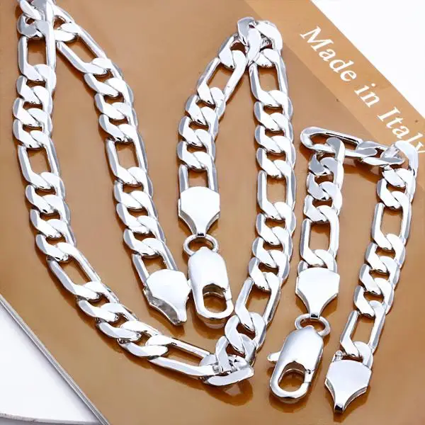 Высокое качество 925 твердый посеребренный мужской модный ювелирный набор 8 мм плоская Фигаро цепочка ожерелье и браслет 2 шт набор мужской bijoux