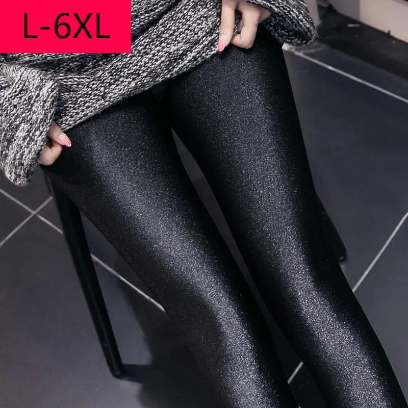 Plus Size 6XL Womens Shiny Black Leggings Lustrous Pants Shaping Pants Leggings High Elastic Sexy Chinlon Leggings