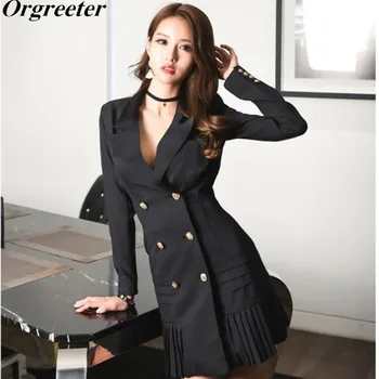 

Sexy V-neck Slim Above knee White Dress 2018 New Women OL Double-breasted Black Full Sleeve Pleated Hem Black Suit Dress