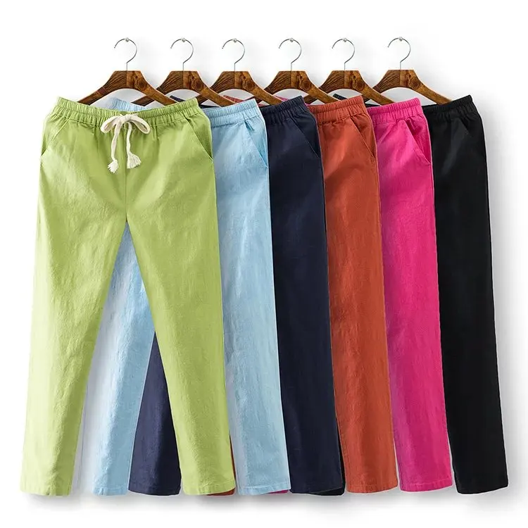 2016 Plus Size Fashion Summer Women Candy Colors Pencil Pants Cotton Sashes Pocket Elastic Waist 4XL