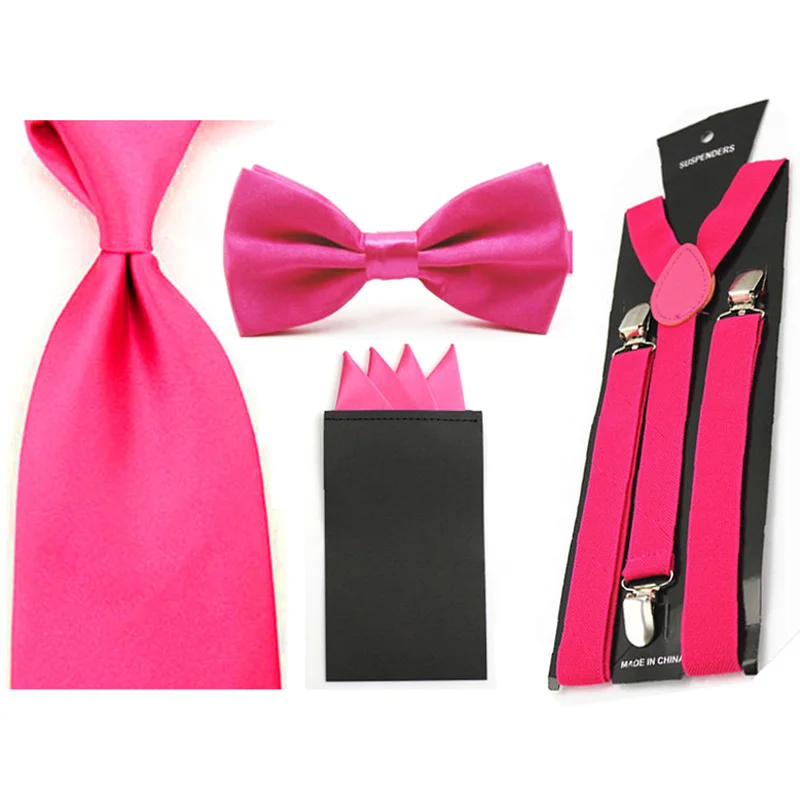 Mens Solid Bowtie 8cm Necktie 4 Folds Handkerchief Pocket Square Suspender Set SETBW0048