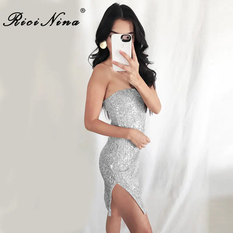 RICININA 2019 Women Dress Woman Sexy Strapless Slit Sequins Bodycon Dress Ladies Club Party Elegant Mini Dresses Vestidos RICININA 2019 Women Dress Woman Sexy Strapless Slit Sequins Bodycon Dress Ladies Club Party Elegant Mini Dresses Vestidos