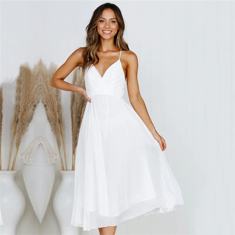 Элегантное плиссированное платье на бретельках для женщин летние сексуальные шифоновые платья с v-образным вырезом пляжные вечерние платья белого цвета Vestidos