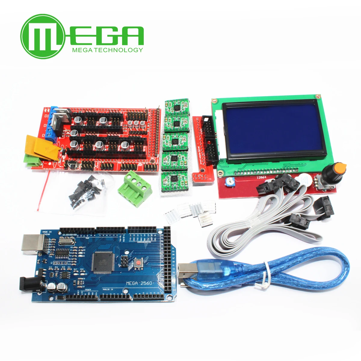 1pcs Mega 2560 R3 1pcs RAMPS 1 4 Controller 5pcs A4988 Stepper Driver Module 1pcs 12864