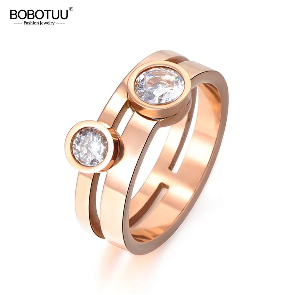 

BOBOTUU Rose Gold Color Round Shape Double Cubic Zirconia Crystal Titanium Steel Engagement Wedding Rings For Women Gift BR17061