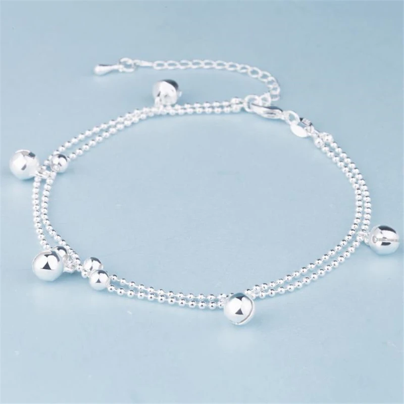 KOFSAC New Fashion 925 Sterling Silver Anklets For Women Beach Party Cute Beads Chain Bells Bracelets Foot Jewelry Girl Gifts