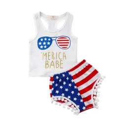 Новорожденных Для маленьких мальчиков Флаг США без рукавов Майки рубашка и шорты 2 шт. комплект летние для маленьких мальчиков одежда